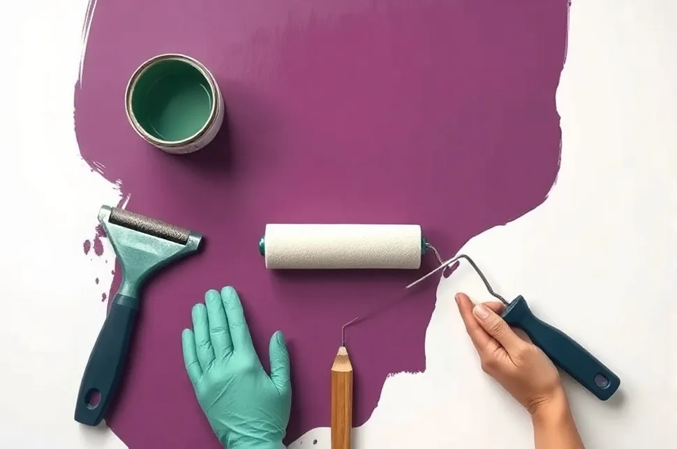 Outils de peinture disposés dans l'ordre des étapes du chantier