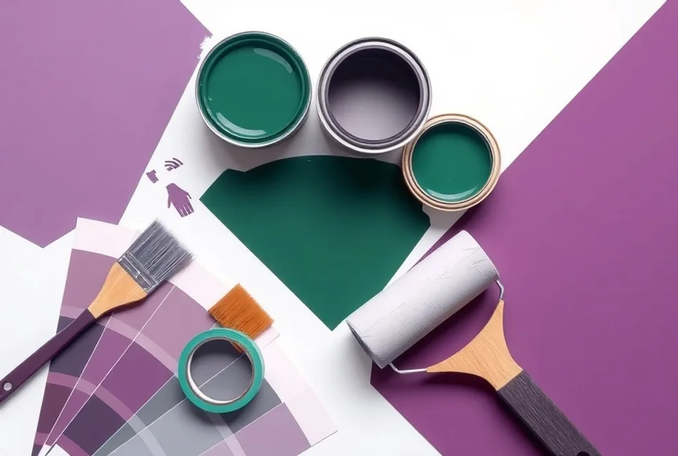 Pots de peinture, nuancier, brosses et rouleaux disposés à plat