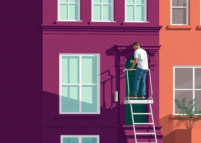 Peintre sur échafaudage traitant la façade d'une maison